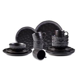 Home VSS, Organic Stoneware Sky Star 16pc Dinner Set Reactive Glaze, Black