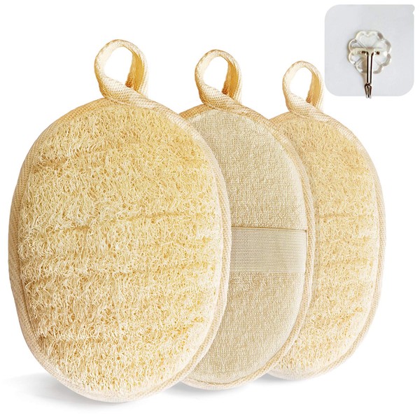 Natural Loofah Sponge Exfoliating(3 packs),Made with Eco-Friendly and Biodegradable Shower Luffa Sponge, Loofah for Women and Men, Beige