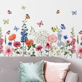 iMagitek Wildflower Wall Decals Daisy Wildflower Grass Butterflies Wall Stcikers for Girls Bedroom, Living Room, Kids Room Wall Decor