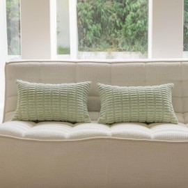 Home Brilliant Pillow Covers 12x20 Soft Green Lumbar Support Throw Pillow Covers Set of 2 Solid Corduroy Striped Pillow Cases Sofa Bed Furniture Decorations, Set of 2, 12 x 20 inch, Light Green