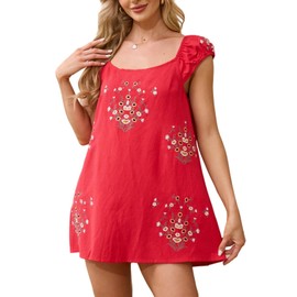 Loafawes Summer Casual Dress for Women Floral Embroidered Dress Lightweight Short Dresses for Beach Vacation