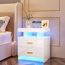 HNEBC Auto LED Nightstand with Wireless Charging Station & USB Ports,High Gloss Bedside Tables with 2 Drawers,Floating Nightstand with 3 Color & Adjustable Brightness Embedded LED Light Strip