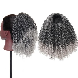 1.Kinky Curly Drawstring Ponytail Grey Afro Curl Synthetic Hair Extension Clip In Ponytail for Women Thick Natural Looking No Shedding Hairpiece 12 Inch