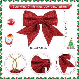 BGTLJKD Pack of 12 Christmas Bows Glitter Bows Christmas Tree Bow Decorative Bow for Gifts Christmas Tree Decoration for Home Festival Party Tree Wreath Decorations (Red)