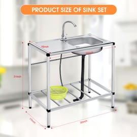 Tandefio Freestanding Outdoor Kitchen Utility Sink Set Stainless Steel Single Bowl Sink Portable Commercial Utility for Restaurant Cafe Bar Hotel Garage Laundry Room(Single Layer)