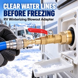 Brass RV Winterizing Blowout Adapter with Shutoff Valve, 1/4 Inch Quick Connect and 3/4 Inch Female GHT