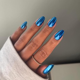 Blue Chrome Press on Nails Short Oval,SXVME Mirror Metal Almond Acrylic Fake Nails Glue on,Glitter Stick on Nails Press ons for Women,Glossy Stiletto False Nails for Daily Wear in 24 PCS