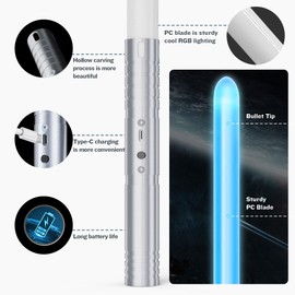 CHLDYCST Lightsaber,2 in 1 Dueling Light Sabers with Metal Hilt Rechargeable Light Saber 15 RGB Colors 4 Modes Fx Battle Sound, Lightsabers for Kids Adults Christmas (Silver 1 Pack)