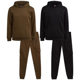 Quad Seven Boys' Fleece Jogger Set - 4 Piece Basic Solid Pullover Hoodie and Cargo Jogger Sweatpants (Size: 8-18), Size 8-10, Black/Olive