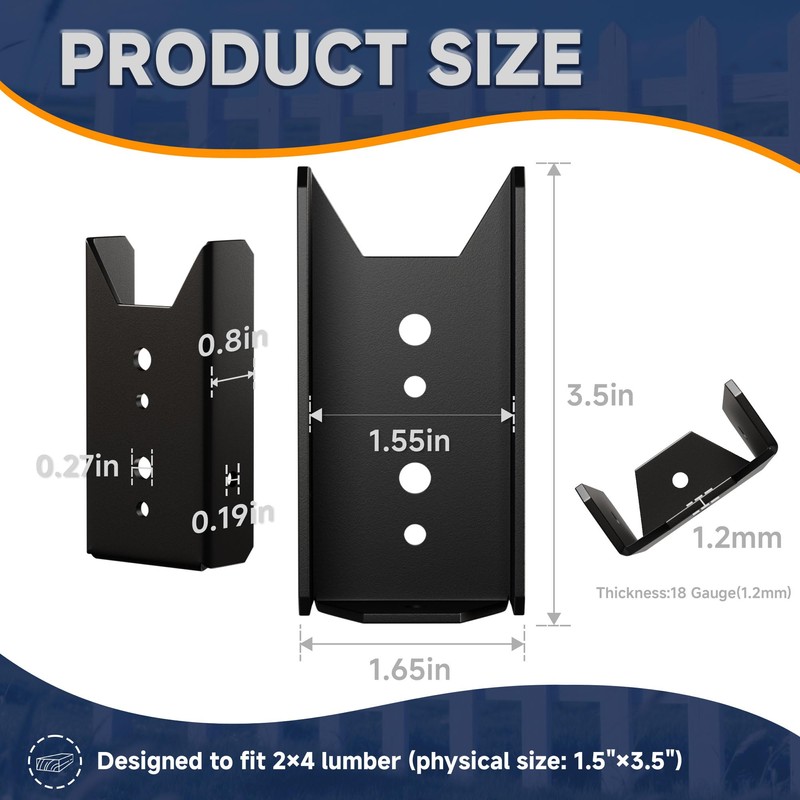 20PCS 2x4 Fence Brackets - Black Powder Coated 18 Gauge