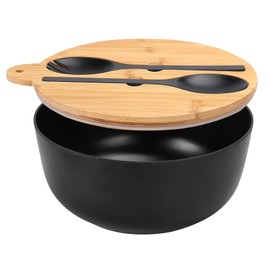 Salad Bowl with Sealed Lid, 9.8inches Black Airtight Large Salad Serving Bowl Set with Utensils, Bamboo Fiber Kitchen Bowl for Storage,Serving Indoor & Outdoor