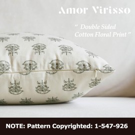 Amor Virisso Set of 2 Floral Block Print Pillow Covers 20x20 Inch, Vintage Flower Decorative Throw Pillowcovers Neutral Accent Farmhouse Pillows Home Decor for Sofa Couch Bed, Dusty Green