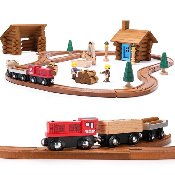 SainSmart Jr. 100 PCS Wooden Train Set with Log Cabin, Toddler Buildable Train Track - Real Wood Building Blocks Construction Toy for 3,4,5 Year Old Boys and Girls - Lumber Mill