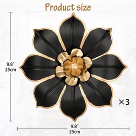Arborus Pack of 3 Metal Wall Sculptures Wall Decoration 25 cm Black Flowers Metal Pictures Round Wall Plate Wall Ornament Metal Decoration Wall Modern Decoration Dining Room Living Room Bedroom Hallway Kitchen Decoration