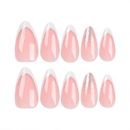 French Tip Press on Nails Short Almond Fake Nails Pink False Nails with Designs Glitter Acrylic Glossy Full Cover Glue on Nails Press ons Cute Artificial Stick on Nails for Women Manicure 24 Pcs