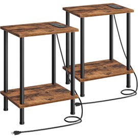 HOOBRO Side/End Table with Charging Station, Set of 2 with USB Ports and Outlets, Nightstand with 2-Layer Storage Shelves for Small Spaces, Living Room, Bedroom, Rustic Brown BF09UBZP201