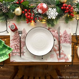 Artoid Mode Pink Snowman Pines Snowflakes Christmas Placemats Set of 6, 30 x 45 cm Seasonal Winter Xmas Kitchen Table Decoration Indoor Holiday Party
