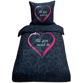 Visaggio Microfibre Bed Linen 135 x 200 cm Partner Bed Linen Set Black Pink Love Heart 2-Piece