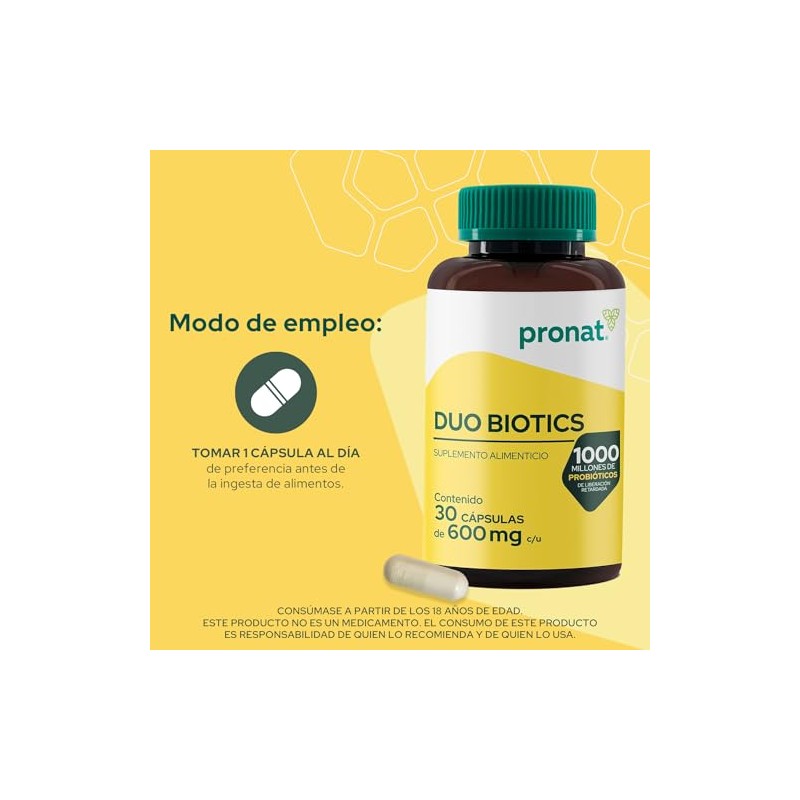 PRONAT Probióticos Duo Biotics, Suplemento Alimenticio, con Prebióticos, 30 Cápsulas