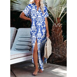 Herseas Beach Dresses for Women 2025 Vacation Casual Short Sleeve Side Split Button Down Long Kimonos Cardigans Bathing Suit Cover Ups Resort Outfits Blue Ethnic Patterns Medium 8 10
