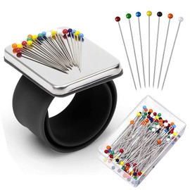 Magnetic Wrist Sewing Pincushion with 100 Pieces Sewing Pins Set Wrist Pin Cushion Magnetic Wrist Pin Holder Wristband Wrist 1.5 Inch Ball Head Straight Pins for Hand Sewing Supplies (Black)