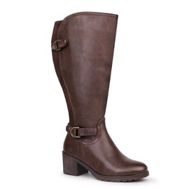 Chicblooms Women's Extra Wide Calf Knee High Riding Boots with Block Heel and Decorated Double Buckle, Brown PU, 10 M US