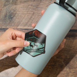 Die Cut Sticker Up North, Wisconsin, Deer and Cabin in Winter, Woodblock, Contour Vinyl Sticker 3 to 6 inches, (Waterproof Decal for Cars, Water Bottles, Laptops, Coolers), Large