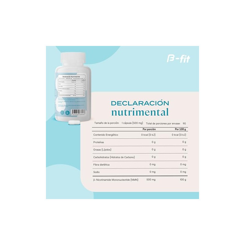B-FIT NMN 500mg - B-Nicotinamide Mononucleotide - 90 Cápsulas Veganas