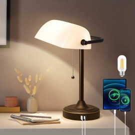 Vintage Desk Lamp Bankers Lamp - Plastic Lampshade Black Retro Table Lamp with USB & Type C Charging Ports Traditional Library Lamp for Home Office Nightstand Bedroom Side Table Lamp-Bulb Included