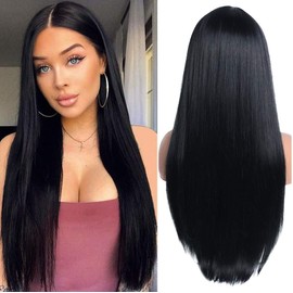 PORSMEER Women's Black Long Straight Wigs for Women Girls Black Straight Middle Parting Wig Heat Resistant Synthetic Hair Wig for Daily Party Costume 24 Inches
