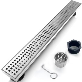 32 Inch Removable Cover Linear Shower Drain 304 Stainless Steel Rectangular Floor Drain for Kitchen Bathroom Square Hole Pattern Drain with Accessories Hair Strainer Adjustable Leveling Feet (Silver)
