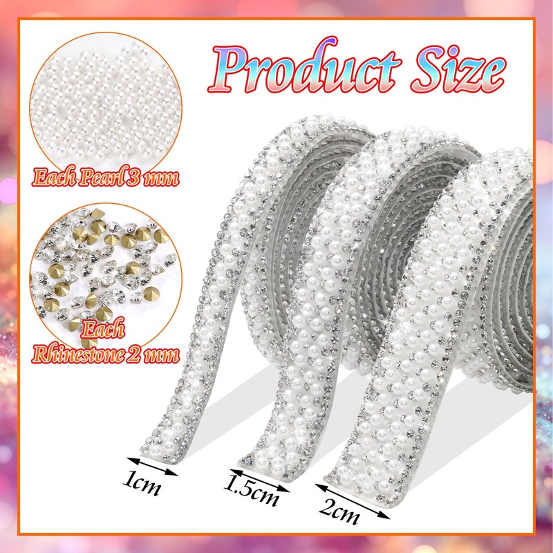 FULZTEY Pearl Rhinestone Ribbons,3 Sizes Width Pearls Strings for Decorating,Self