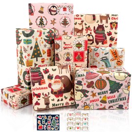 Christmas Wrapping Paper, 6 Sheets of Kraft Paper Wrapping Paper - Cute Cartoon Design, Christmas Paper Set with Stickers for Gifts Party Decoration, 70 x 50 cm