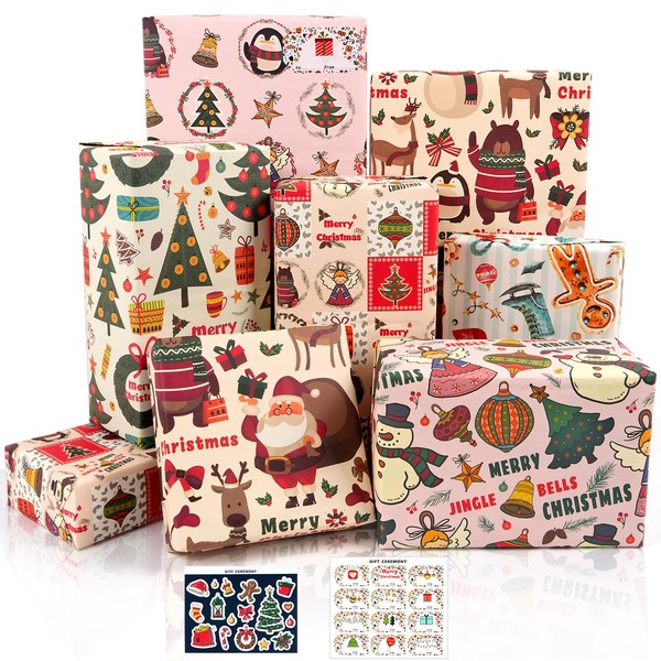 Christmas Wrapping Paper, 6 Sheets of Kraft Paper Wrapping Paper