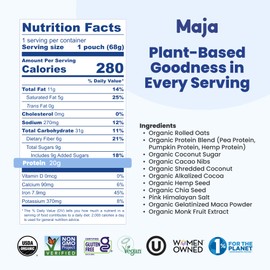 Maja Cacao & Coconut Overnight Protein Oats 2.4 oz Single-Serve Pouches | High Protein Overnight Oats, Gluten Free, Plant-Based | Rich Cacao with Toasted Coconut | Just Add Milk or Plant Milk