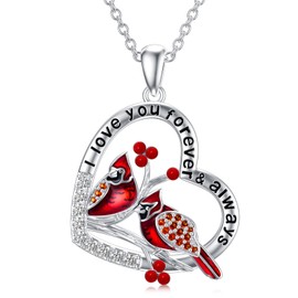 LONAGO Red Cardinal Necklace Sterling Silver Two Cardinals Heart Necklace Present Gift for Women