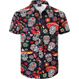 Fashonal Dia De Los Muertos Mexican Shirt Mens Day of The Dead Shirt, Sugar Skull Size M