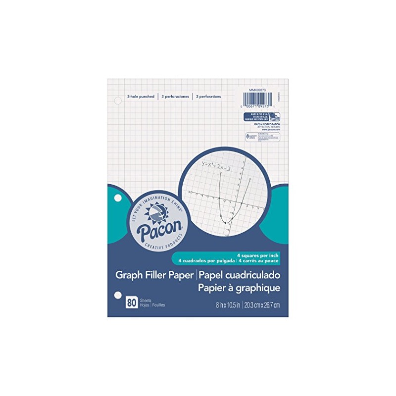 Pacon Filler Paper, White, 3-Hole Punched, 1/4" Grid Ruled 8"