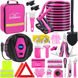 HLWDFLZ Car Emergency Kit with Portable Air Compressor - Roadside Emergency Kit for Vehicles, Winter Car Safety Roadside Assist Kit, Emergency Car Kit for Teen Girl and Ladies M-75