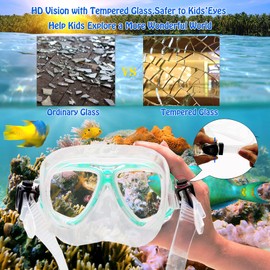 Kids Mask Snorkeling Set with Fins Anti Leak Snorkeling Gear for Kids with Adjustable Flippers, Youth Junior Full Dry Snorkel Set Swimming Goggles with Nose Cover Diving Mask Scuba with Bag, 5-14 Yrs