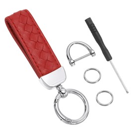 PATIKIL Leather Car Keychain, Genuine Key Chain Holder Universal Decorative 360 Degree Rotatable Key Fob with Silver Tone Anti-Lost D-Ring and Screwdriver for Men and Women, Red