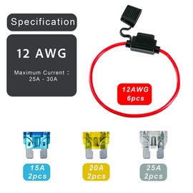 Selyse Pack of 6 12AWG Fuse Holder for Car, Truck, Car, Motorcycle, Waterproof with Inline Blade Fuses, Copper Cable, Standard Fuses for Car/Boat, 2 x 15 A, 2 x 20 A, 2 x 25 A