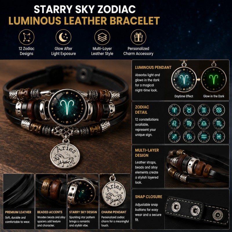 Starry Sky Zodiac Luminous Leather Bracelet for Men & Women