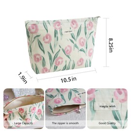 Wudygirl Cute Makeup Bag for Women - Travel Cosmetic Bag with Zipper Makeup Pouch Floral Make up Organizer Handbag Aesthetic (White Tulips)