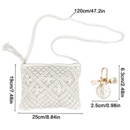 UILYNIU White Crossbody Bag for Women With Beach Shell Accessories - Handmade Woven Shoulder Clutch - Straw Beach Holiday Handbag - Messenger Phone Bag