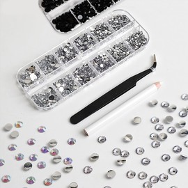 4320 Pieces Rhinestones, Black and Crystal White Nail Design, Crystal Rhinestones, 5 Sizes, Transparent Round Rhinestones with Tweezers, Rhinestone Picking Pen for Nail Clothing, DIY