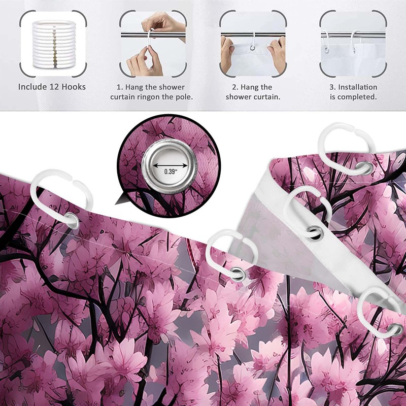 Yieldeer Japanese Shower Curtain Asian Cherry Blossom Bathroom Decor Mountain