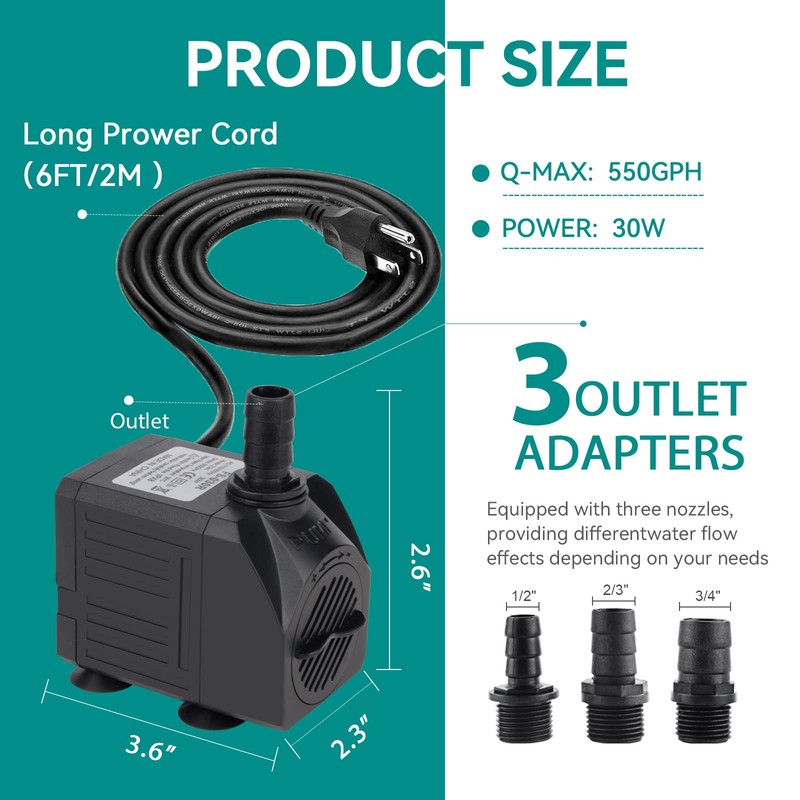 FREESEA Aquarium Submersible Fountain Pump: 30W 550GPH Adjustable Quiet Water