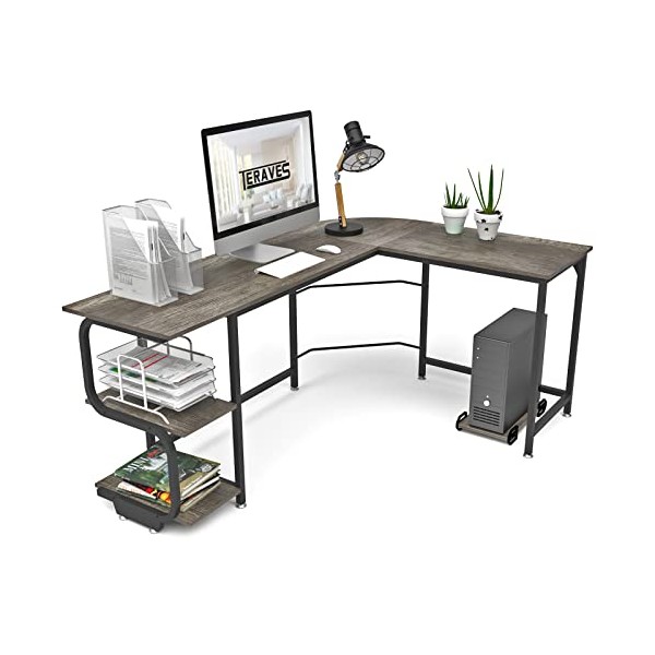 Teraves Reversible L Shaped Desk with Shelves Round Corner Computer Desk Gaming Table Workstation for Home Office