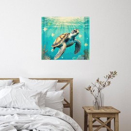 Nautical Beach Ocean Theme Underwater Turtle Wall Art Decal Modern Coral and Sea Fish Store Wall Sticker Vinyl Mural Decals Quotes for Bedroom Family Refrigerator Home Decorations 18in